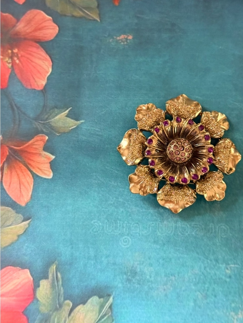 Gold-Tone Floral Statement Brooch with Pink Stones